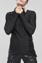 Chemise pour homme en filet grossier avec décoration à cordon asymétrique gothique noire